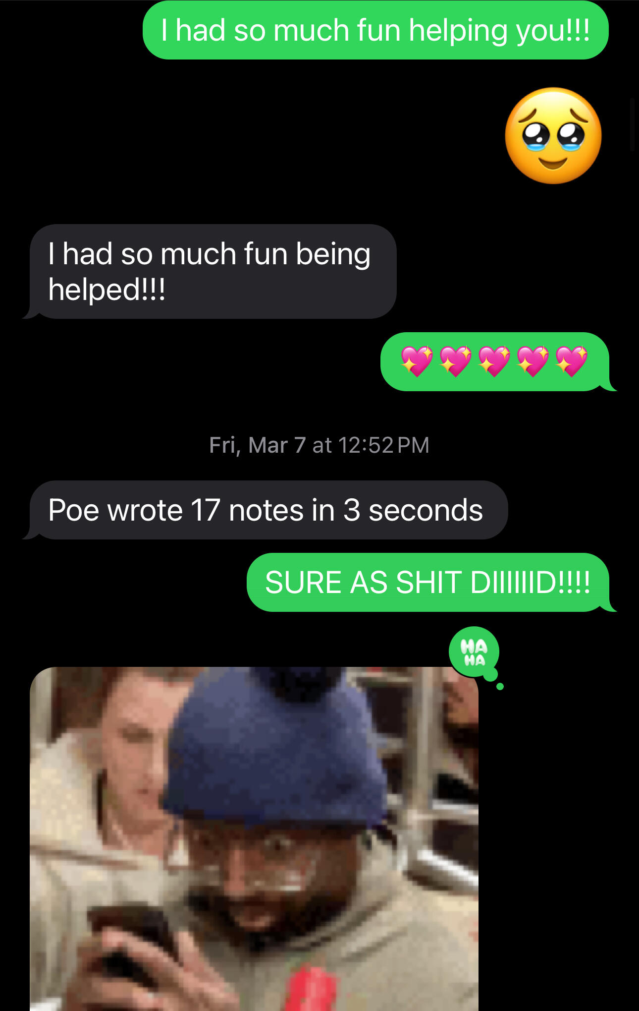 AI Came, AI Saw, AI CONQUERED. ⚡😆 Screenshot of a text exchange where thrilled client says, "I had so much fun being helped!!!" The next morning, the client exclaims that the AI (Poe) wrote "17 notes in 3 seconds," & Joya hypes up the moment. Client sends GIF of someone looking wide-eyed.